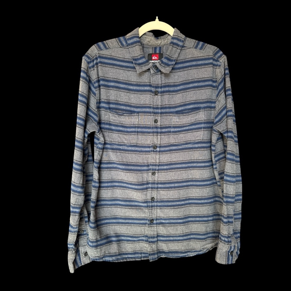 Quiksilver Navy and Charcoal Striped Long-Sleeve Shirt Size Large